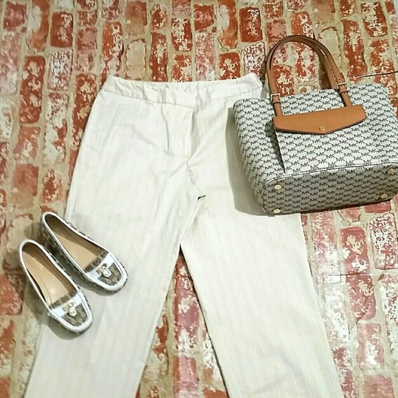 Rafaella Pants straight leg beige tan flat front 3 Pocket Verticle Stripe 14 - Picture 2 of 10